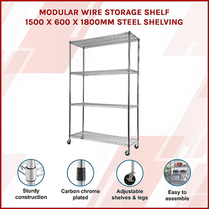 Modular Wire Storage 150x60cm Steel Shelving Chrome With Wheels For Garage Warehouse Or Kitchen Organisation V63-841091