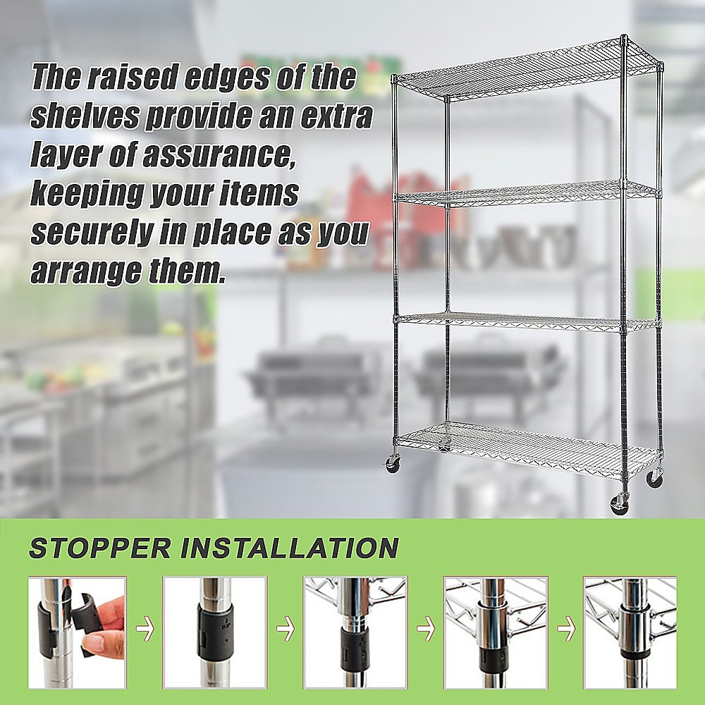 Modular Wire Storage 150x60cm Steel Shelving Chrome With Wheels For Garage Warehouse Or Kitchen Organisation V63-841091