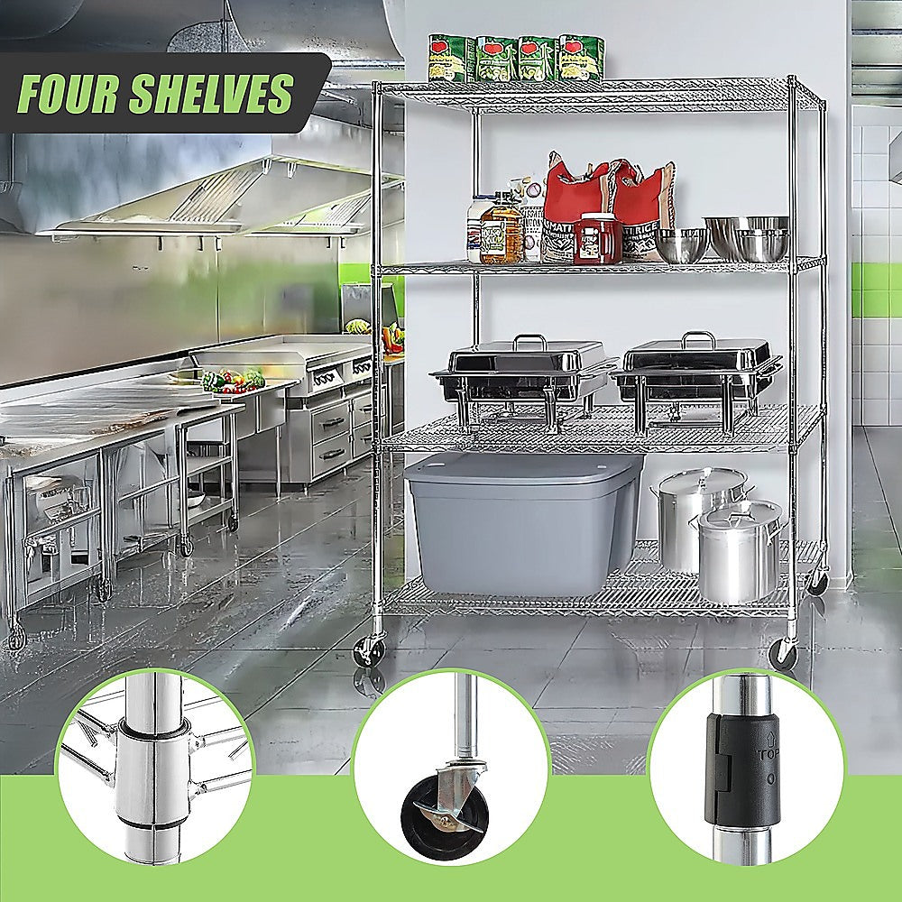 Modular Wire Storage 150x60cm Steel Shelving Chrome With Wheels For Garage Warehouse Or Kitchen Organisation V63-841091