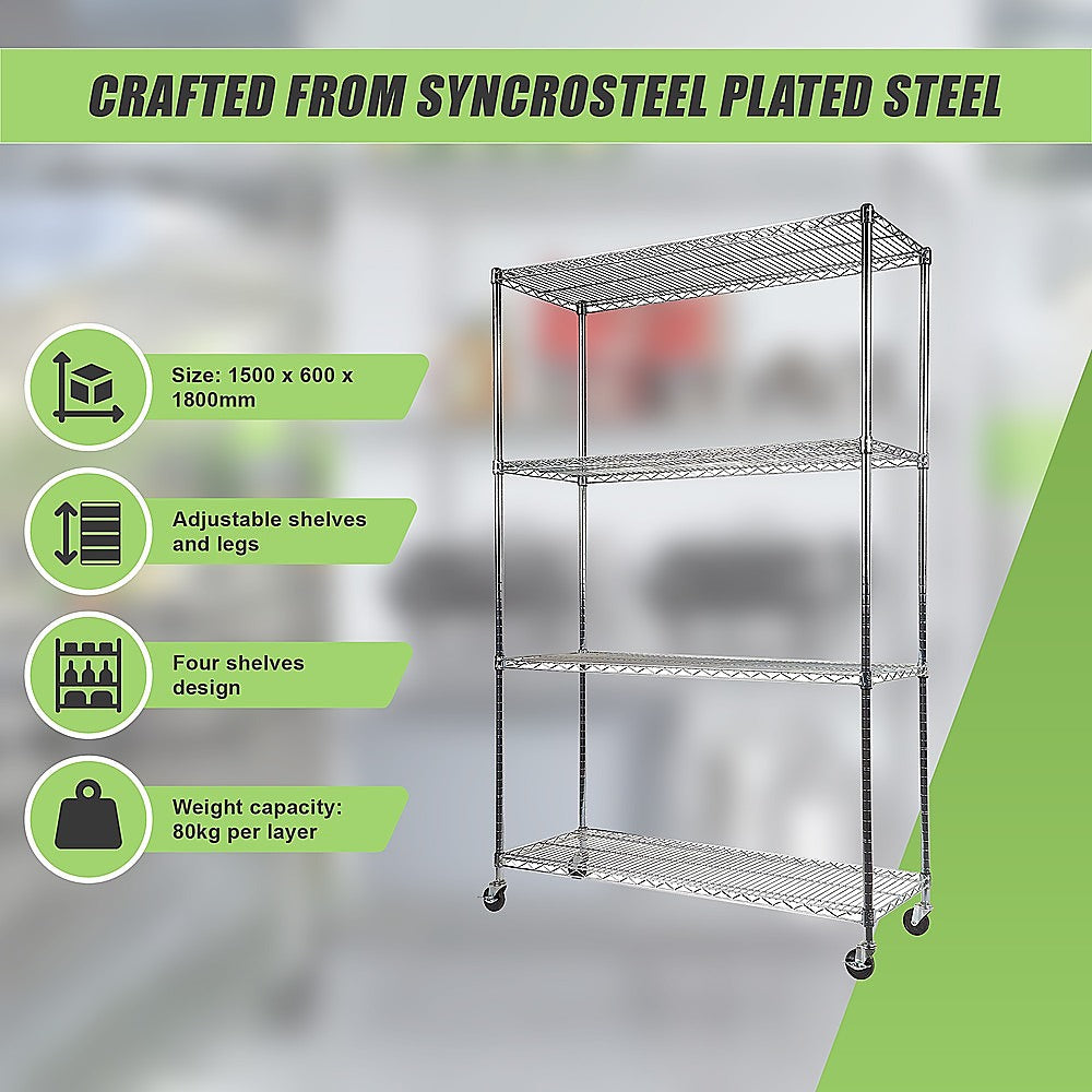 Modular Wire Storage 150x60cm Steel Shelving Chrome With Wheels For Garage Warehouse Or Kitchen Organisation V63-841091
