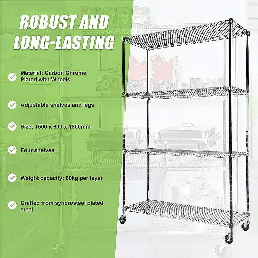 Modular Wire Storage 150x60cm Steel Shelving Chrome With Wheels For Garage Warehouse Or Kitchen Organisation V63-841091