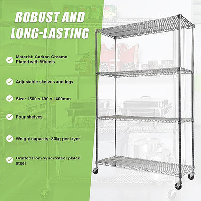 Modular Wire Storage 150x60cm Steel Shelving Chrome With Wheels For Garage Warehouse Or Kitchen Organisation V63-841091