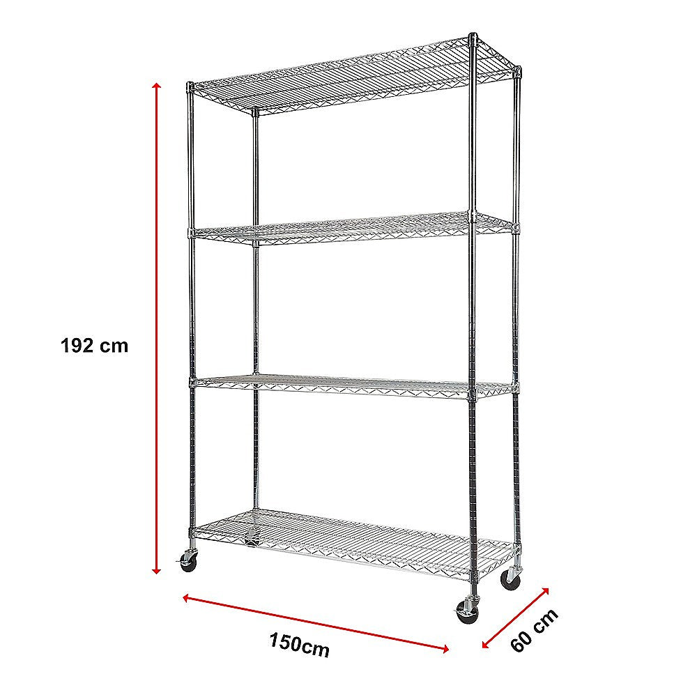 Modular Wire Storage 150x60cm Steel Shelving Chrome With Wheels For Garage Warehouse Or Kitchen Organisation V63-841091