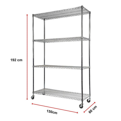 Modular Wire Storage 150x60cm Steel Shelving Chrome With Wheels For Garage Warehouse Or Kitchen Organisation V63-841091