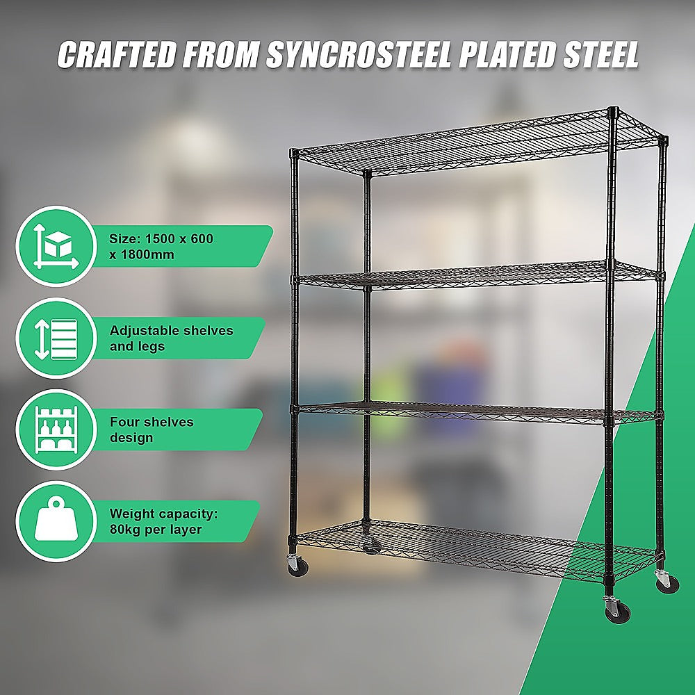 Modular Wire Storage 150x60cm Steel Shelving Black With Wheels For Garage Warehouse Or Kitchen Organisation V63-841101