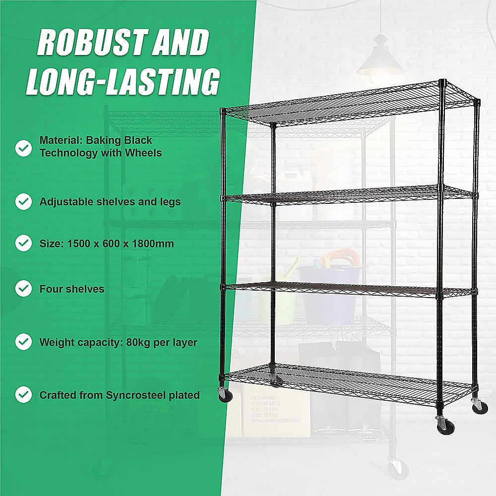Modular Wire Storage 150x60cm Steel Shelving Black With Wheels For Garage Warehouse Or Kitchen Organisation V63-841101