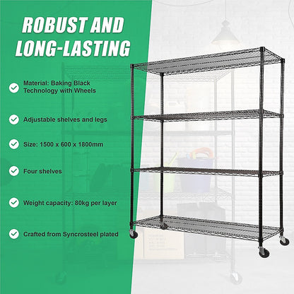 Modular Wire Storage 150x60cm Steel Shelving Black With Wheels For Garage Warehouse Or Kitchen Organisation V63-841101