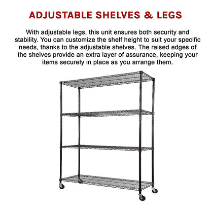 Modular Wire Storage 150x60cm Steel Shelving Black With Wheels For Garage Warehouse Or Kitchen Organisation V63-841101