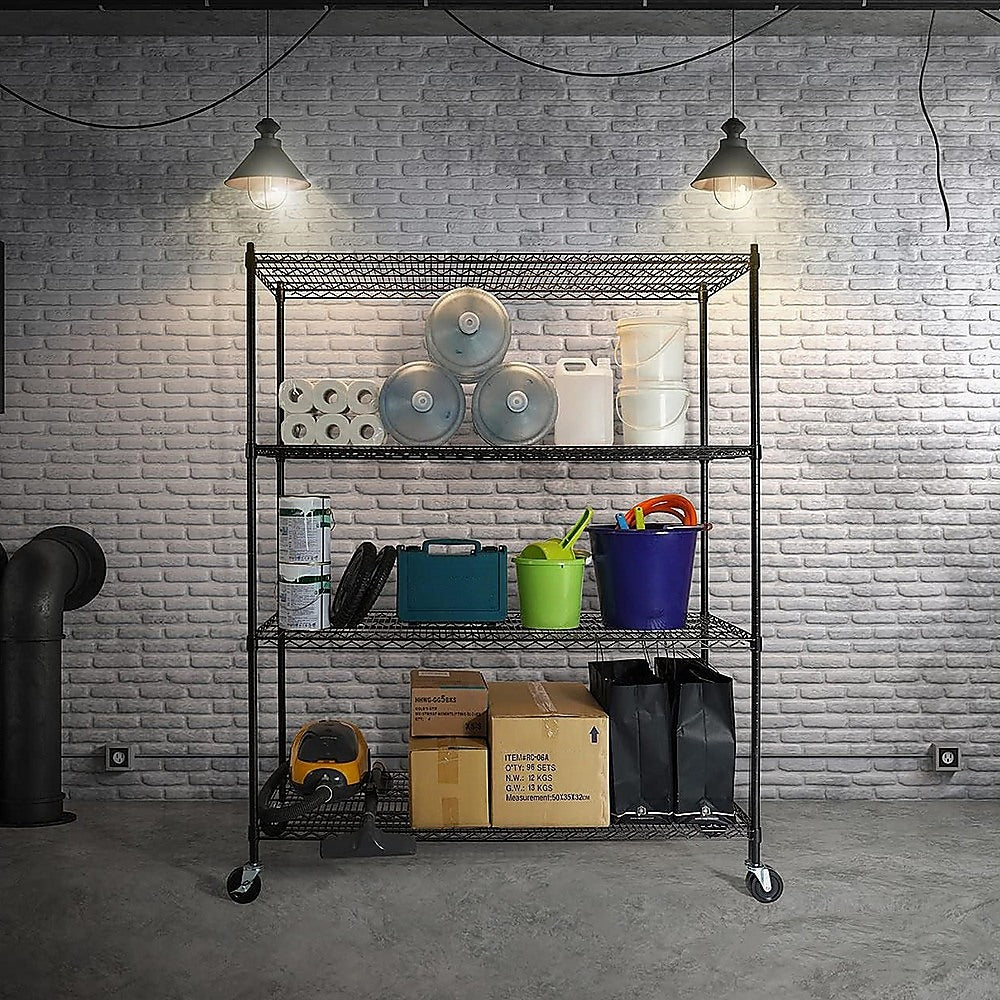 Modular Wire Storage 150x60cm Steel Shelving Black With Wheels For Garage Warehouse Or Kitchen Organisation V63-841101
