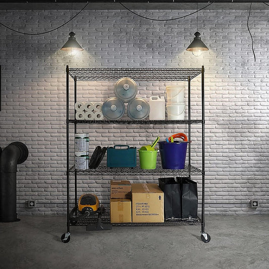 Modular Wire Storage 150x60cm Steel Shelving Black With Wheels For Garage Warehouse Or Kitchen Organisation V63-841101