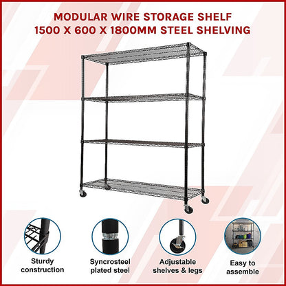 Modular Wire Storage 150x60cm Steel Shelving Black With Wheels For Garage Warehouse Or Kitchen Organisation V63-841101