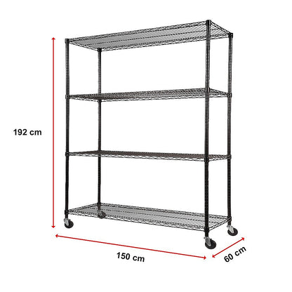 Modular Wire Storage 150x60cm Steel Shelving Black With Wheels For Garage Warehouse Or Kitchen Organisation V63-841101