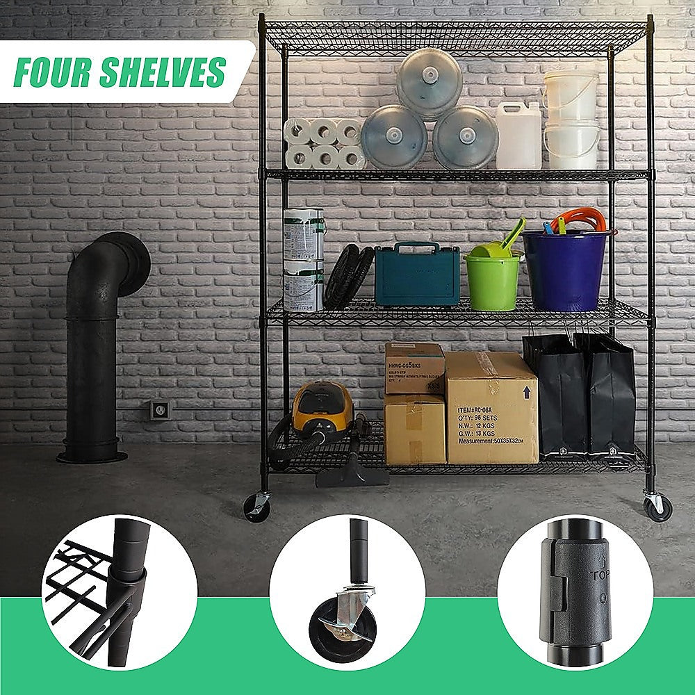 Modular Wire Storage 150x60cm Steel Shelving Black With Wheels For Garage Warehouse Or Kitchen Organisation V63-841101