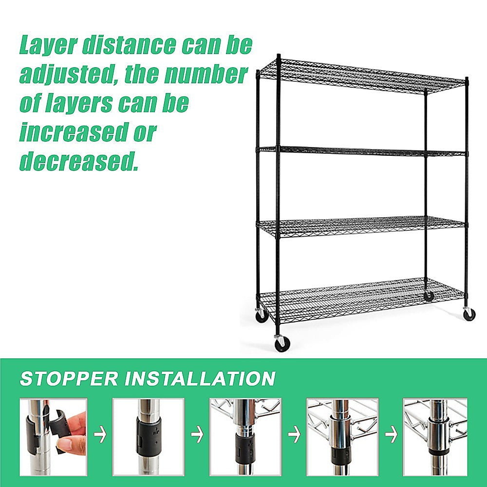 Modular Wire Storage 150x60cm Steel Shelving Black With Wheels For Garage Warehouse Or Kitchen Organisation V63-841101