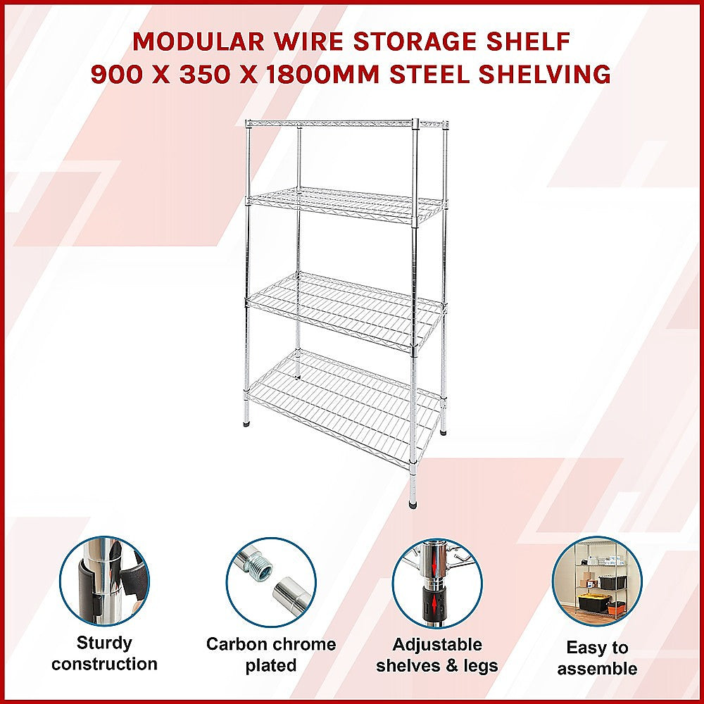 Modular Wire Storage 90x35cm Steel Shelving Chrome With Fixed Legs For Garage Warehouse Or Kitchen V63-841121