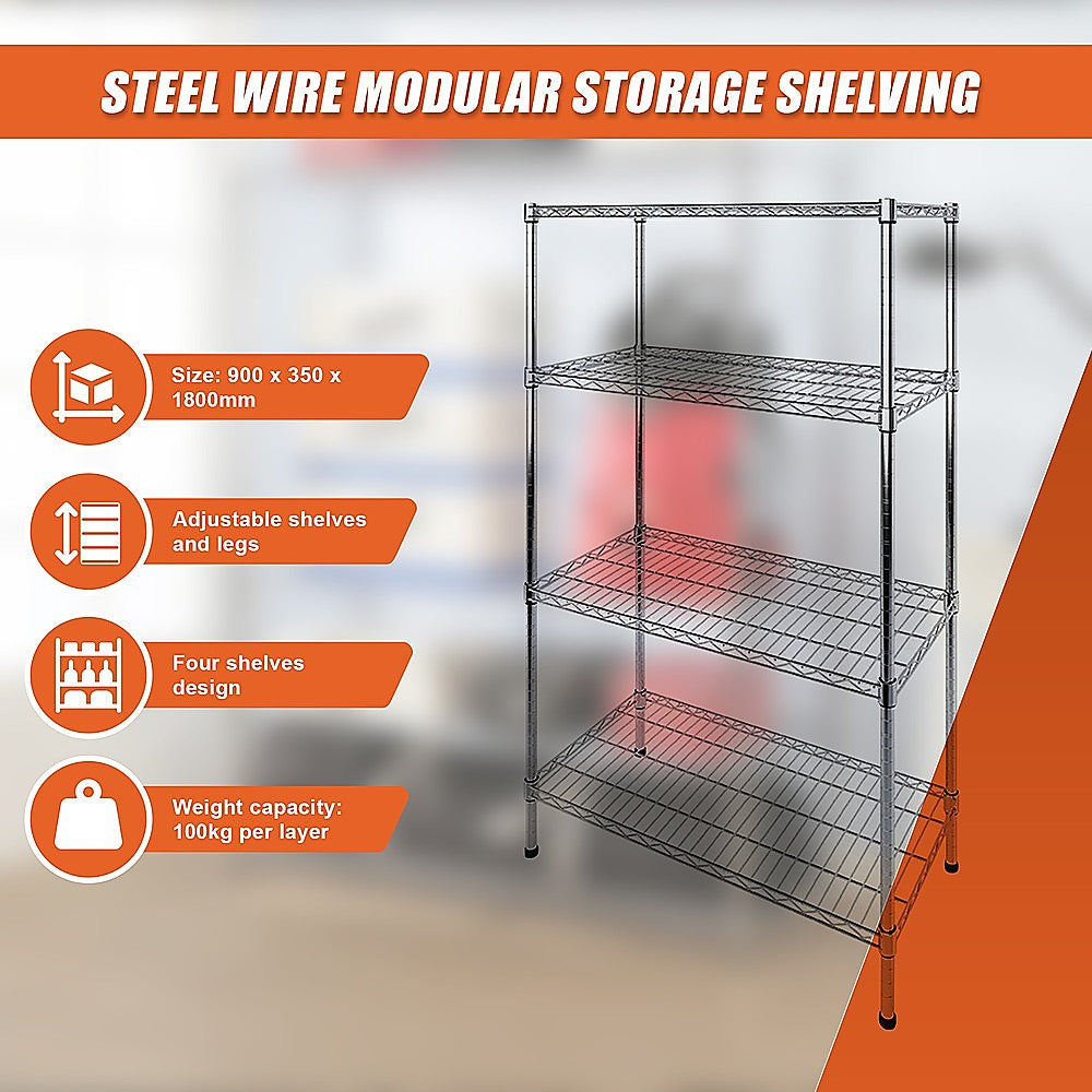 Modular Wire Storage 90x35cm Steel Shelving Chrome With Fixed Legs For Garage Warehouse Or Kitchen V63-841121