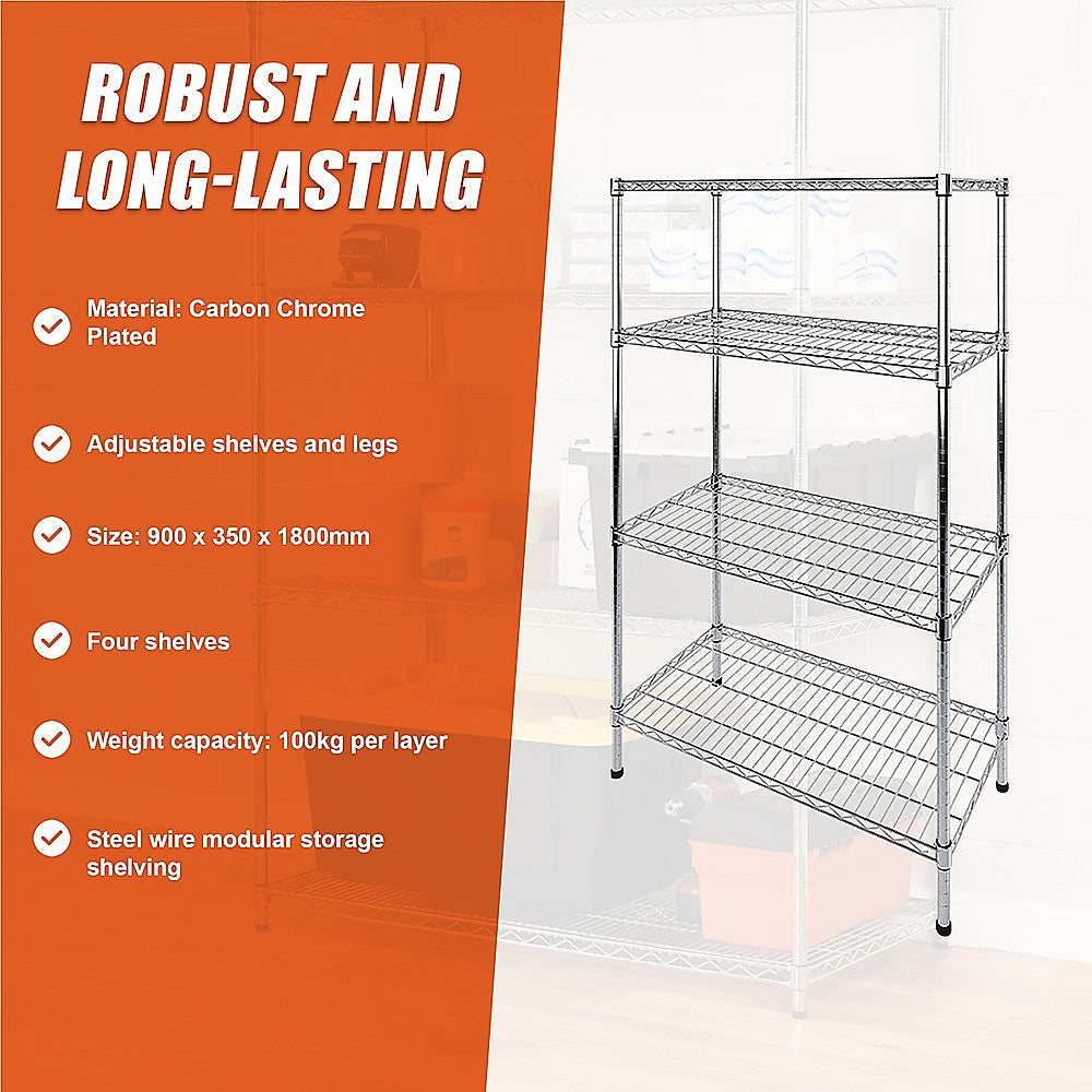 Modular Wire Storage 90x35cm Steel Shelving Chrome With Fixed Legs For Garage Warehouse Or Kitchen V63-841121