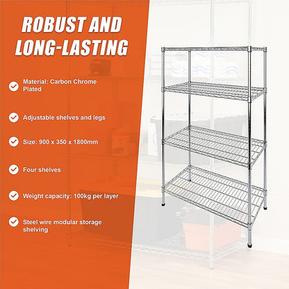 Modular Wire Storage 90x35cm Steel Shelving Chrome With Fixed Legs For Garage Warehouse Or Kitchen V63-841121