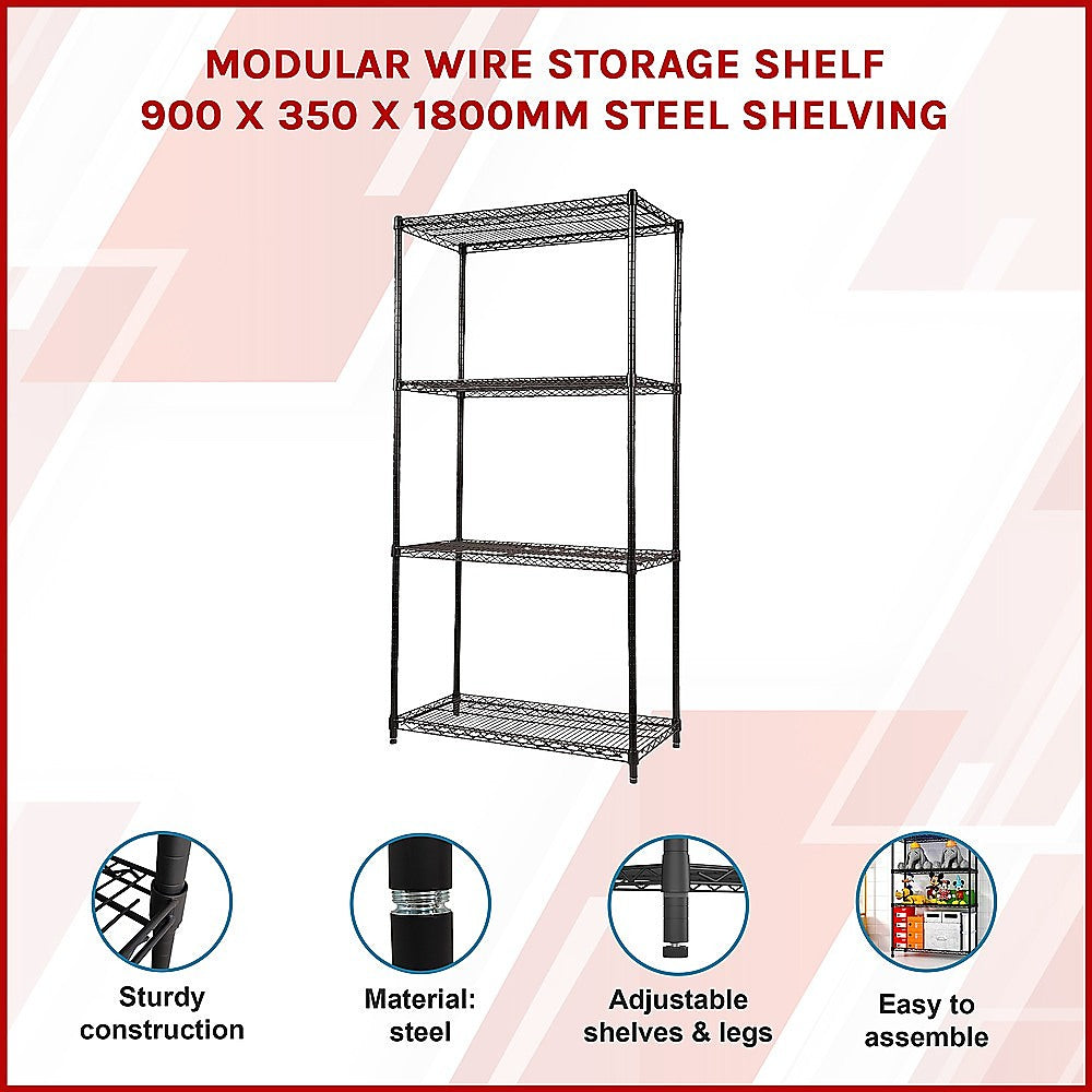 Modular Wire Storage 90x35cm Steel Shelving Black With Fixed Legs For Garage Warehouse Or Kitchen Organisation V63-841131