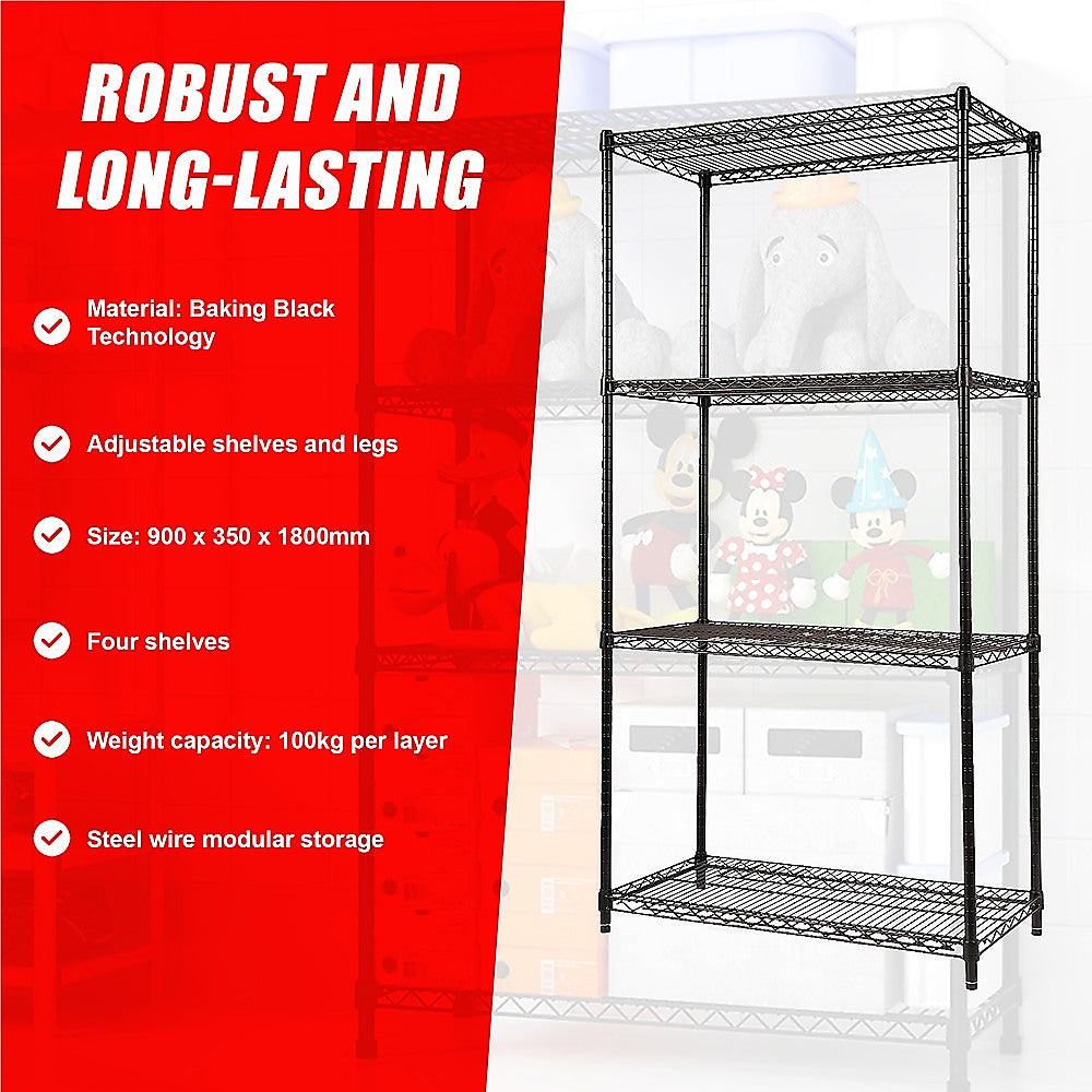 Modular Wire Storage 90x35cm Steel Shelving Black With Fixed Legs For Garage Warehouse Or Kitchen Organisation V63-841131
