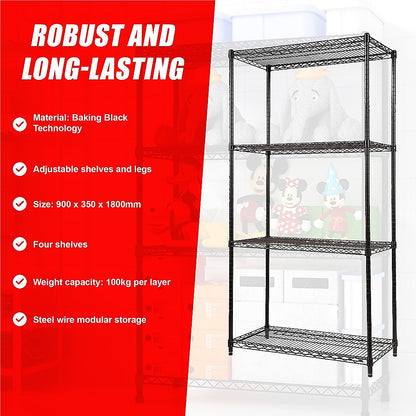 Modular Wire Storage 90x35cm Steel Shelving Black With Fixed Legs For Garage Warehouse Or Kitchen Organisation V63-841131