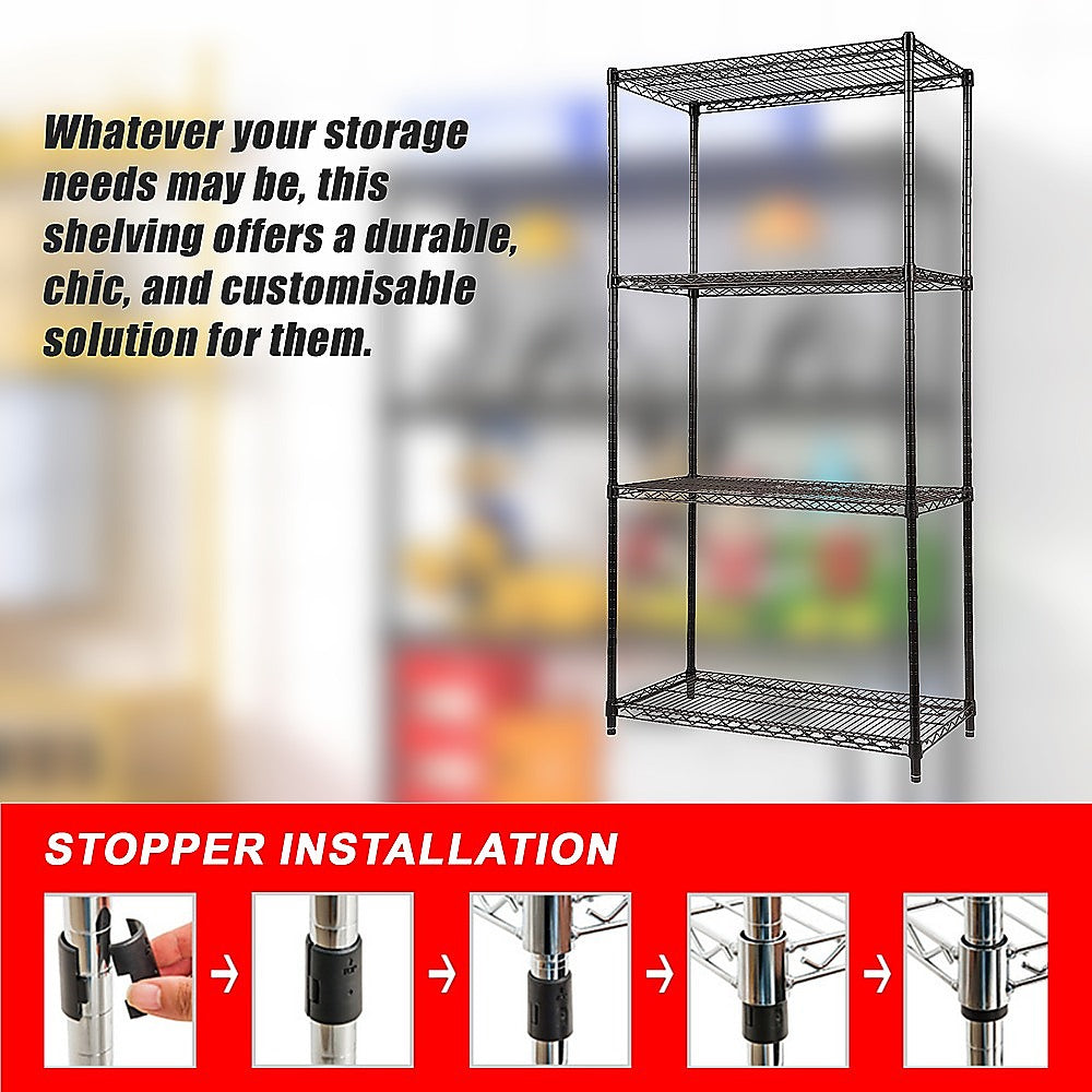 Modular Wire Storage 90x35cm Steel Shelving Black With Fixed Legs For Garage Warehouse Or Kitchen Organisation V63-841131