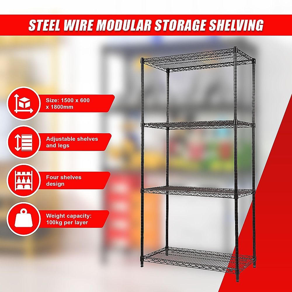 Modular Wire Storage 90x35cm Steel Shelving Black With Fixed Legs For Garage Warehouse Or Kitchen Organisation V63-841131