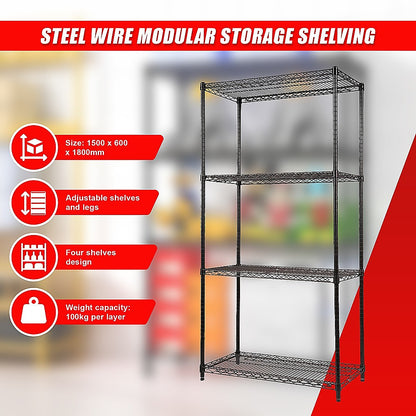 Modular Wire Storage 90x35cm Steel Shelving Black With Fixed Legs For Garage Warehouse Or Kitchen Organisation V63-841131