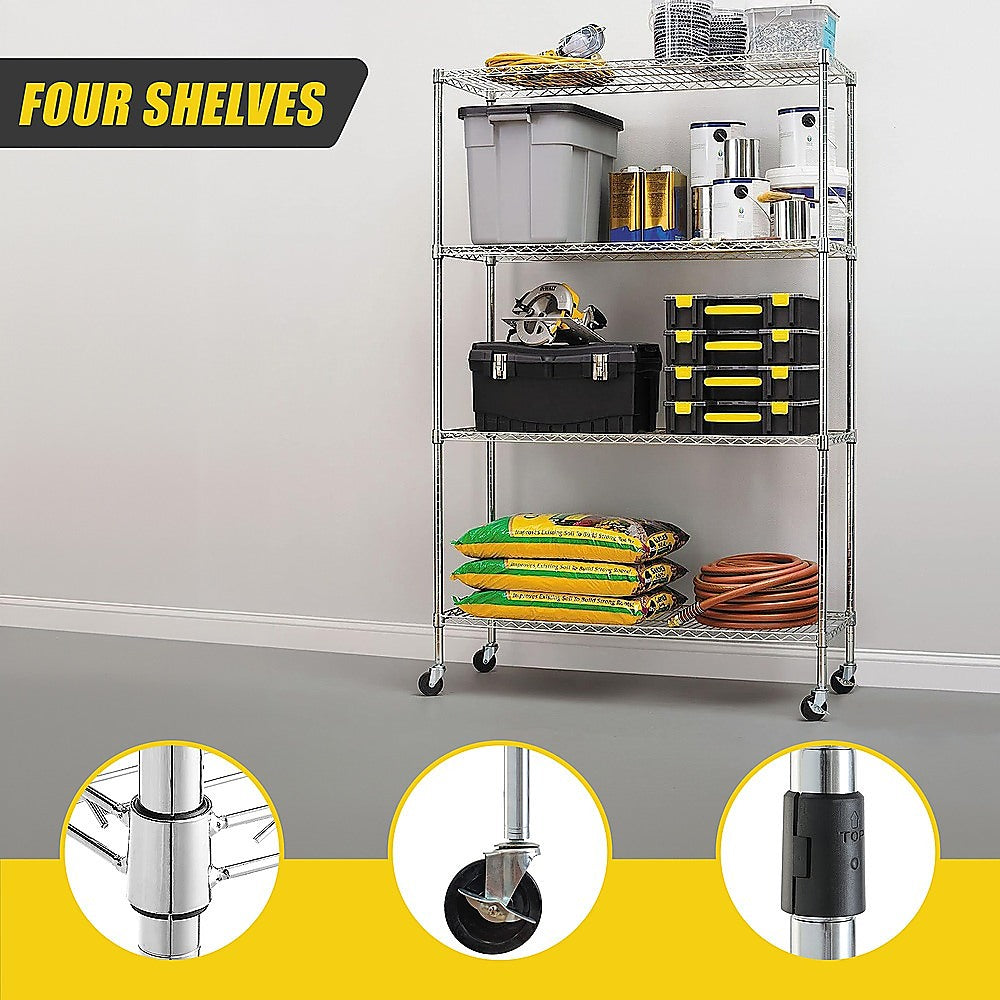 Modular Wire Storage 90x35cm Steel Shelving Chrome With Wheels For Garage Warehouse Or Kitchen Organisation V63-841141