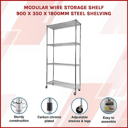 Modular Wire Storage 90x35cm Steel Shelving Chrome With Wheels For Garage Warehouse Or Kitchen Organisation V63-841141