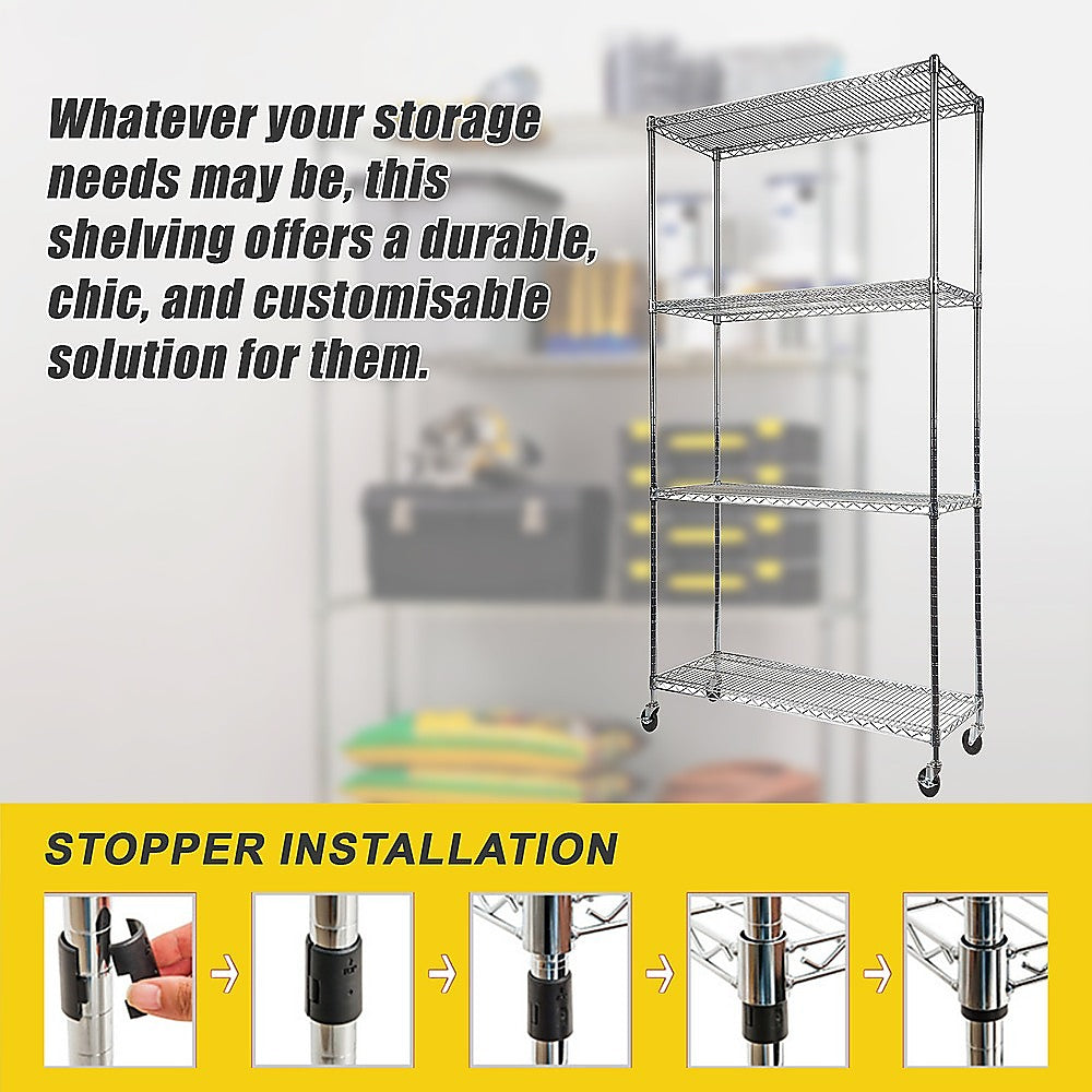 Modular Wire Storage 90x35cm Steel Shelving Chrome With Wheels For Garage Warehouse Or Kitchen Organisation V63-841141