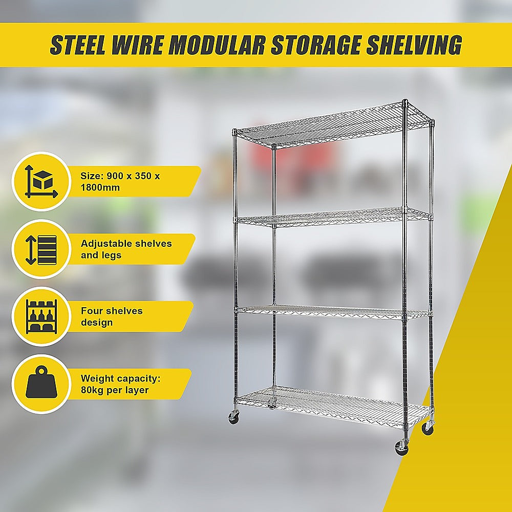 Modular Wire Storage 90x35cm Steel Shelving Chrome With Wheels For Garage Warehouse Or Kitchen Organisation V63-841141