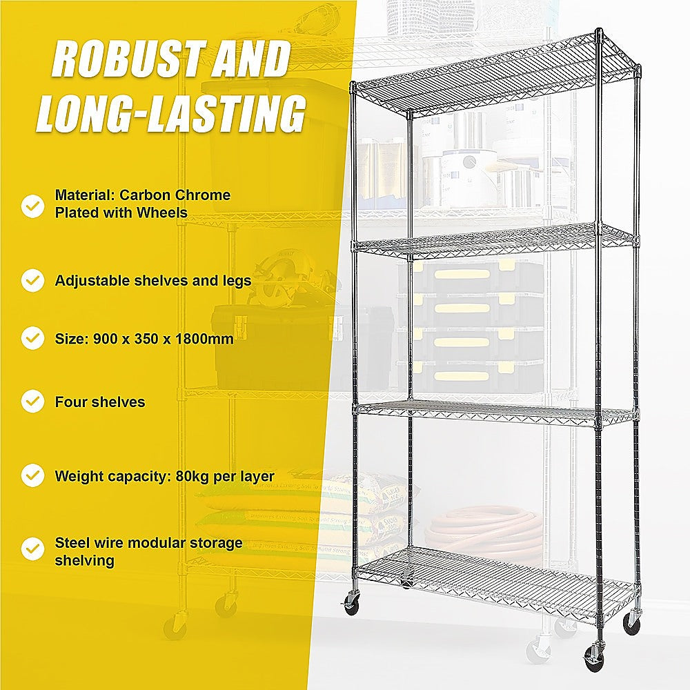 Modular Wire Storage 90x35cm Steel Shelving Chrome With Wheels For Garage Warehouse Or Kitchen Organisation V63-841141