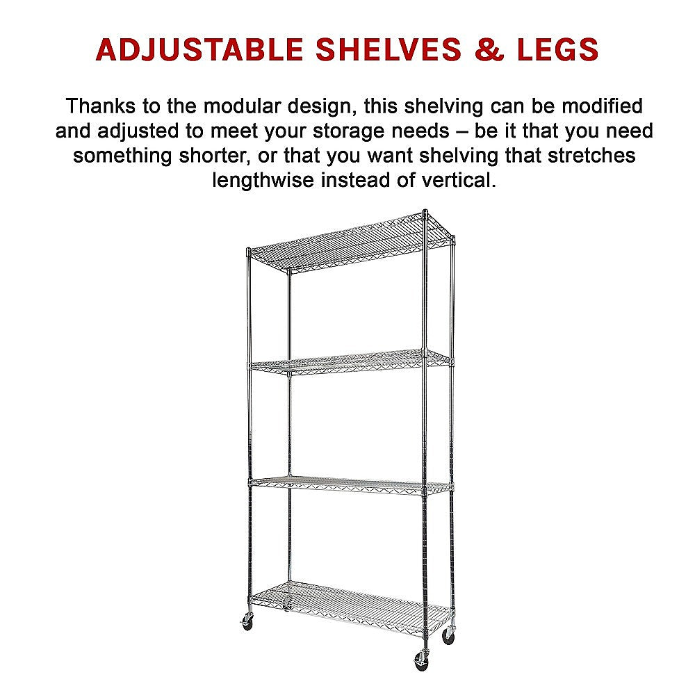 Modular Wire Storage 90x35cm Steel Shelving Chrome With Wheels For Garage Warehouse Or Kitchen Organisation V63-841141