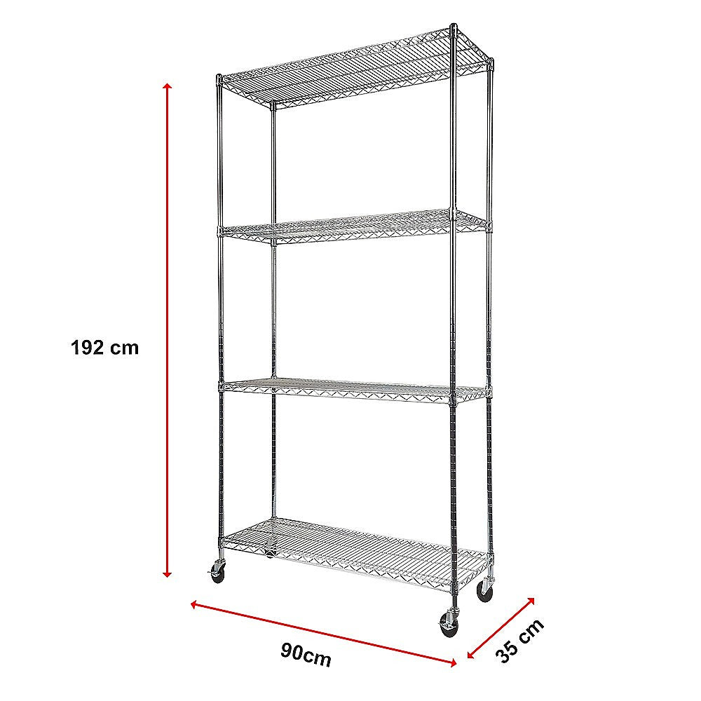 Modular Wire Storage 90x35cm Steel Shelving Chrome With Wheels For Garage Warehouse Or Kitchen Organisation V63-841141