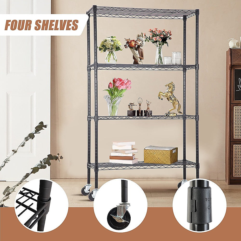Modular Wire Storage 90x35cm Steel Shelving Black With Wheels For Garage Warehouse Or Kitchen Organisation V63-841151
