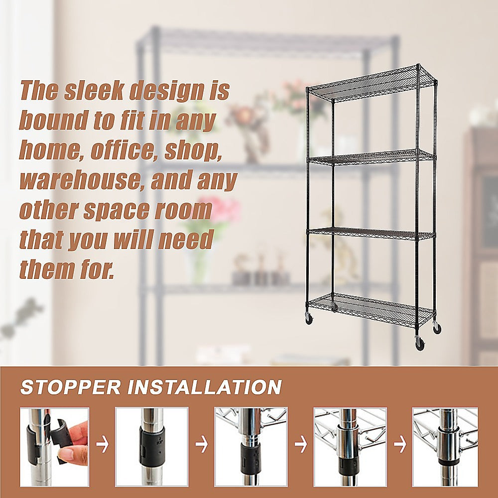 Modular Wire Storage 90x35cm Steel Shelving Black With Wheels For Garage Warehouse Or Kitchen Organisation V63-841151