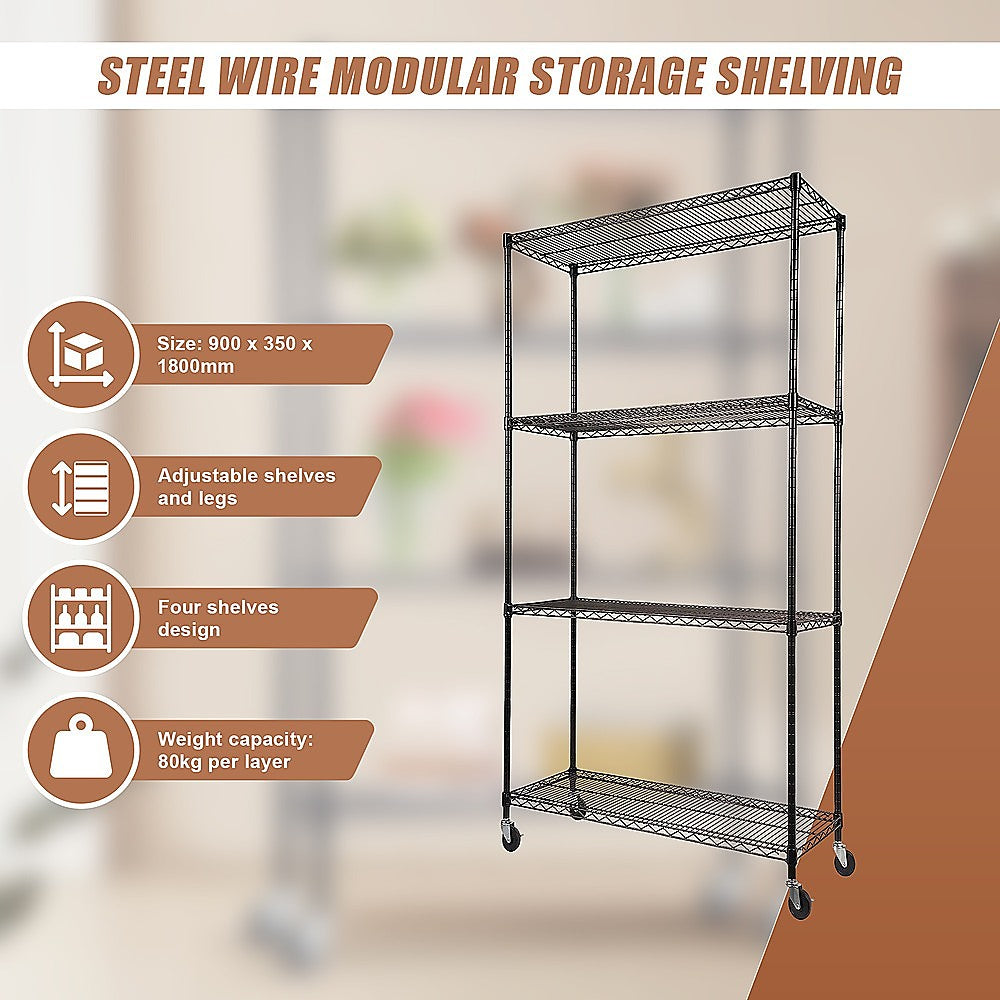 Modular Wire Storage 90x35cm Steel Shelving Black With Wheels For Garage Warehouse Or Kitchen Organisation V63-841151
