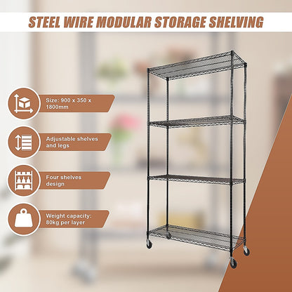 Modular Wire Storage 90x35cm Steel Shelving Black With Wheels For Garage Warehouse Or Kitchen Organisation V63-841151