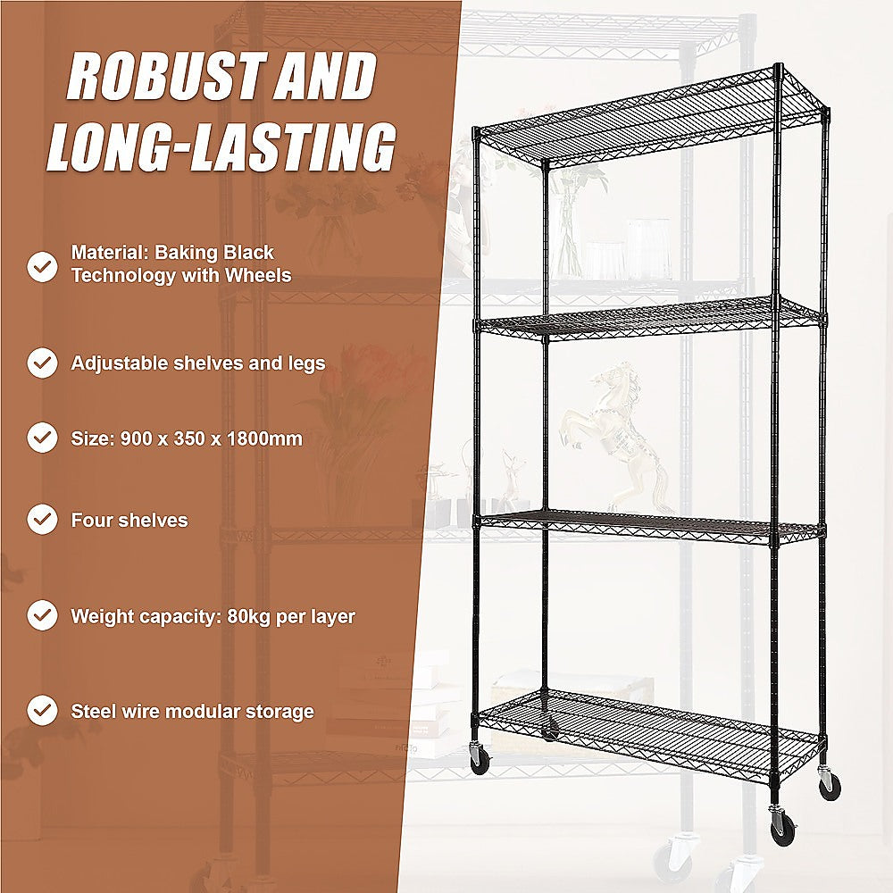 Modular Wire Storage 90x35cm Steel Shelving Black With Wheels For Garage Warehouse Or Kitchen Organisation V63-841151