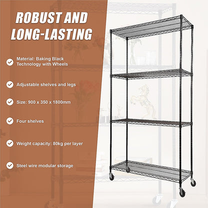 Modular Wire Storage 90x35cm Steel Shelving Black With Wheels For Garage Warehouse Or Kitchen Organisation V63-841151