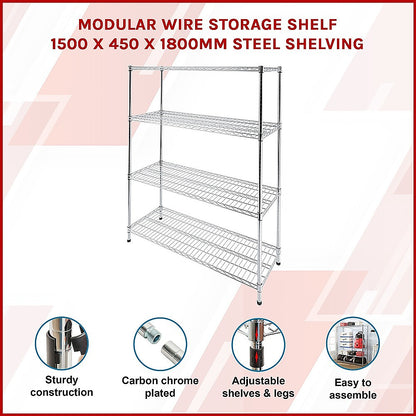 Modular Wire Storage 150x45cm Steel Shelving Chrome With Fixed Legs For Garage Warehouse Or Kitchen V63-841171