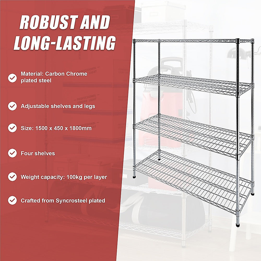 Modular Wire Storage 150x45cm Steel Shelving Chrome With Fixed Legs For Garage Warehouse Or Kitchen V63-841171