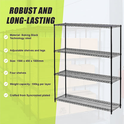 Modular Wire Storage 150x45cm Steel Shelving Black With Fixed Legs For Garage Warehouse Or Kitchen V63-841181