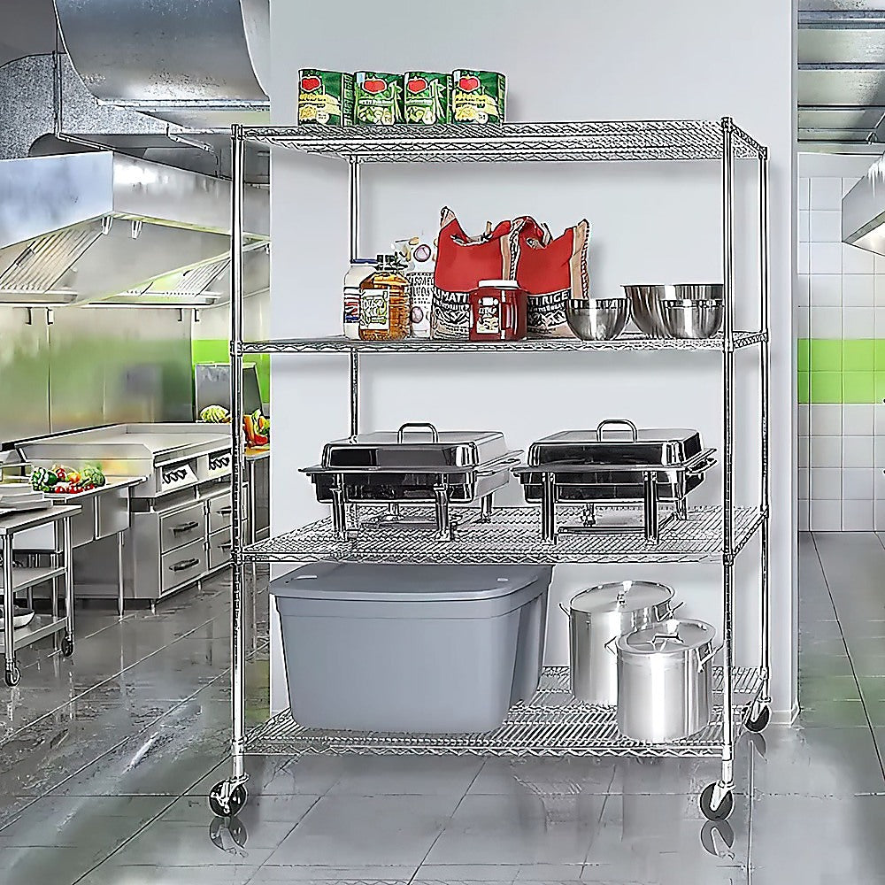 Modular Wire Storage 150x45cm Steel Shelving Chrome With Wheels For Garage Warehouse Or Kitchen Organisation V63-841191