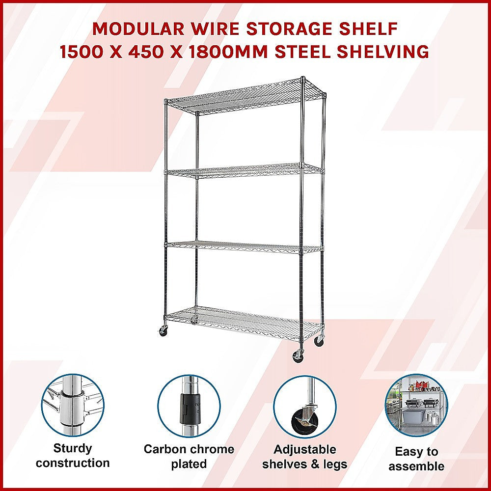 Modular Wire Storage 150x45cm Steel Shelving Chrome With Wheels For Garage Warehouse Or Kitchen Organisation V63-841191
