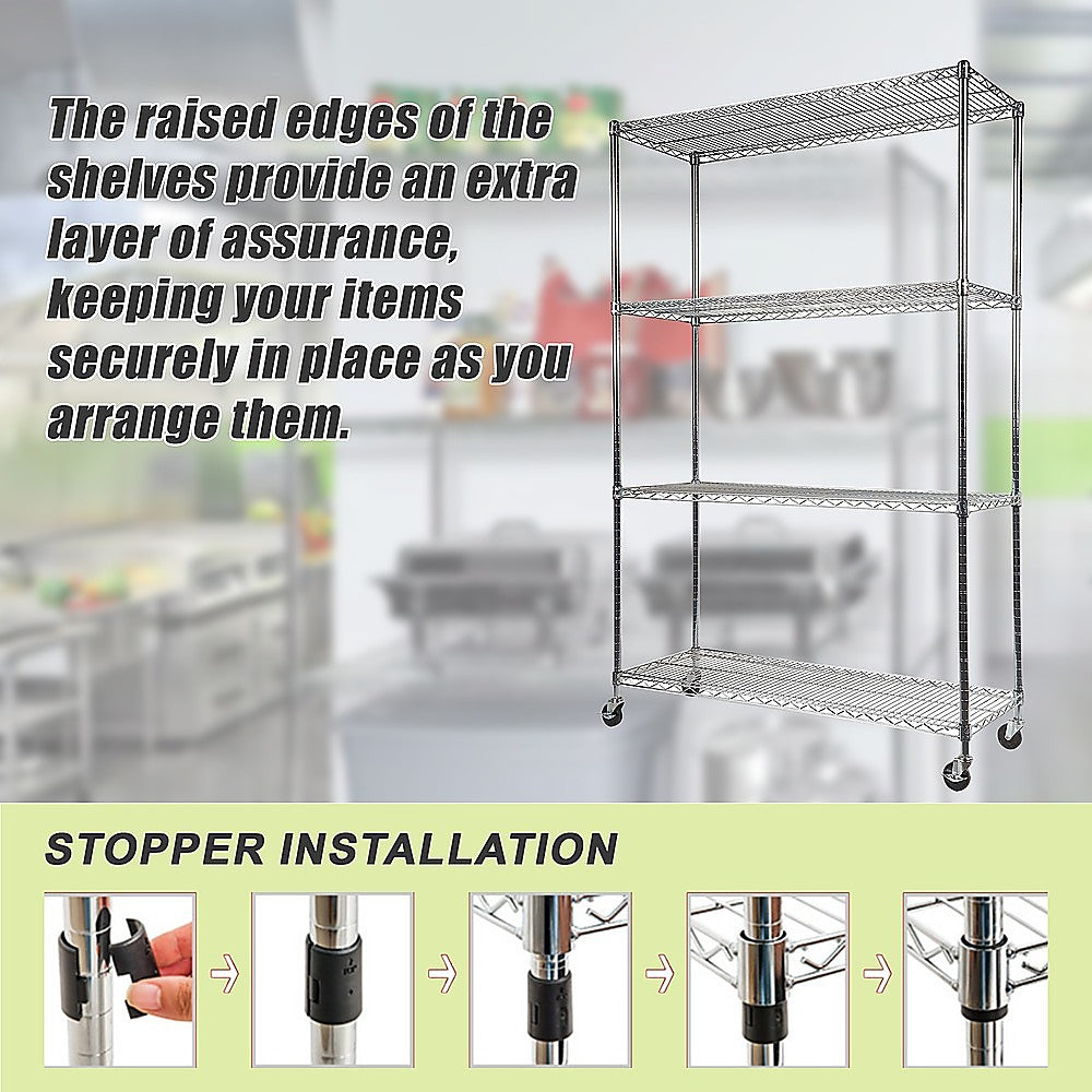 Modular Wire Storage 150x45cm Steel Shelving Chrome With Wheels For Garage Warehouse Or Kitchen Organisation V63-841191