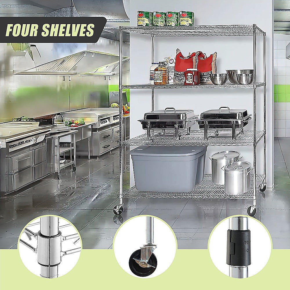 Modular Wire Storage 150x45cm Steel Shelving Chrome With Wheels For Garage Warehouse Or Kitchen Organisation V63-841191