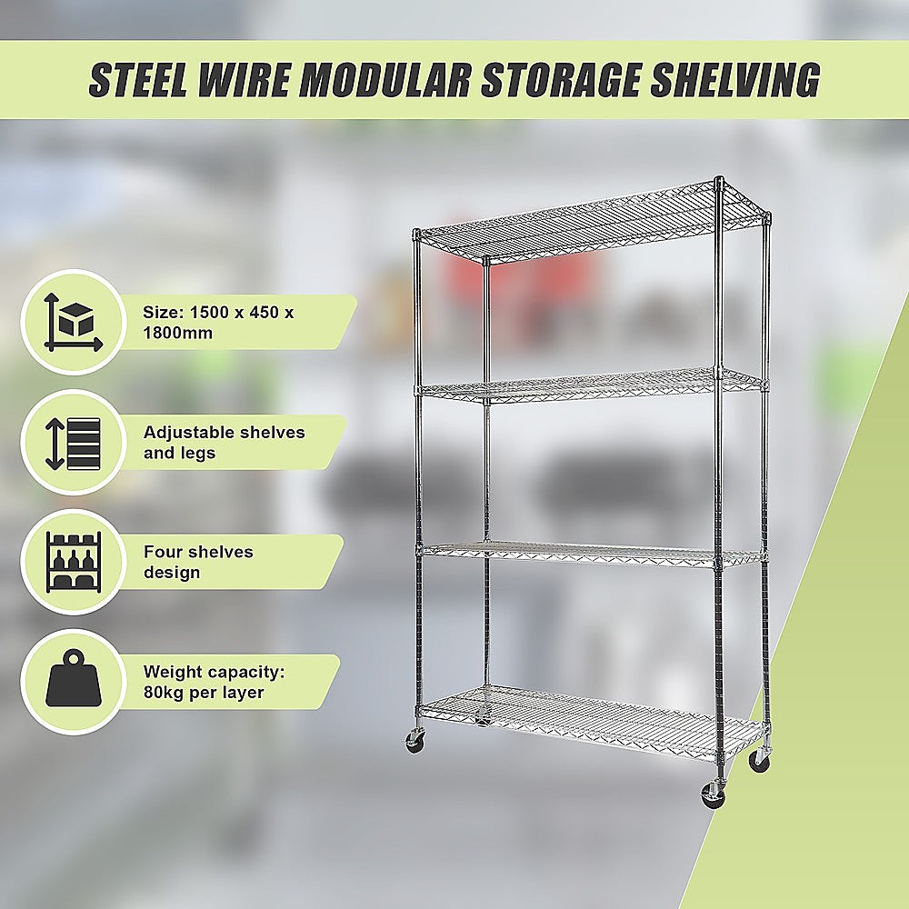 Modular Wire Storage 150x45cm Steel Shelving Chrome With Wheels For Garage Warehouse Or Kitchen Organisation V63-841191