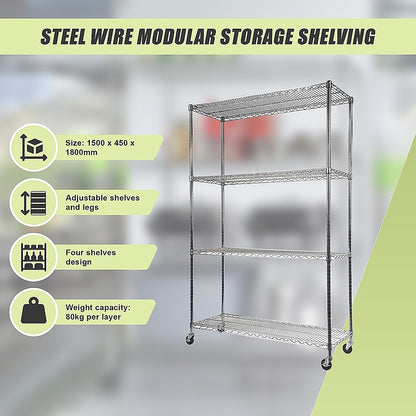Modular Wire Storage 150x45cm Steel Shelving Chrome With Wheels For Garage Warehouse Or Kitchen Organisation V63-841191